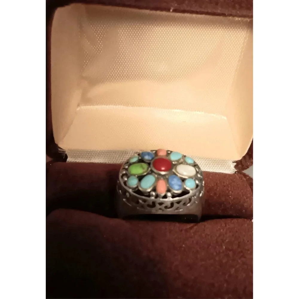 Turquoise, Red Coral Multi Stone Ring Turquoise, Red Coral Size 6/ 925 Sterlin